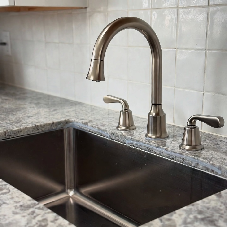 Close-up kitchen sink install, stainless steel undermount sink, brushed nickel tap, clean silicone bead