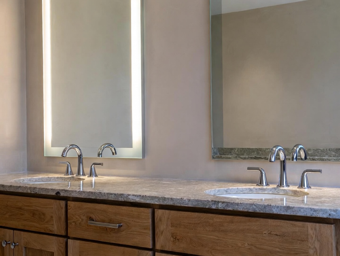 Double vanity, oak cabinets, stone countertop, polished chrome taps, mirror with integrated lighting