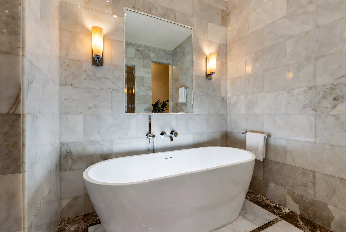 Luxurious bathroom with freestanding bathtub, marble tiles, warm lighting, minimal decor