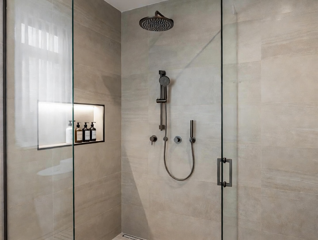 Walk-in shower, glass enclosure, matte black fixtures, rainfall shower, large-format porcelain tiles